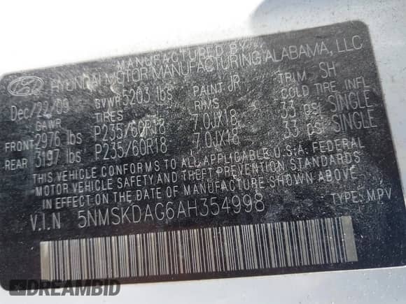 2010 Hyundai Santa Fe Limited z VIN 5NMSKDAG6AH354998, wystawiony jako IAAI lot #43069243 z przebiegiem 174 190 mil mil oraz . Historia ofert i sprzedaży dostępna na DreamBid. Obrazek 9.