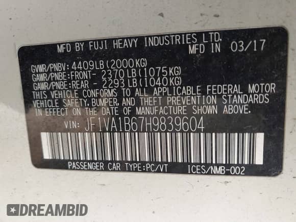 2017 Subaru WRX z VIN JF1VA1B67H9839604, wystawiony jako IAAI lot #42913238 z przebiegiem 81 066 mil mil oraz . Historia ofert i sprzedaży dostępna na DreamBid. Obrazek 9.