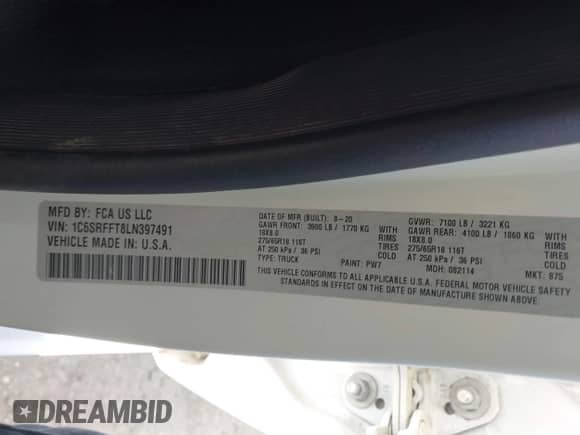 2020 Ram 1500 Big Horn z VIN 1C6SRFFT8LN397491, wystawiony jako IAAI lot #42543417 z przebiegiem 74 639 mil mil oraz . Historia ofert i sprzedaży dostępna na DreamBid. Obrazek 9.