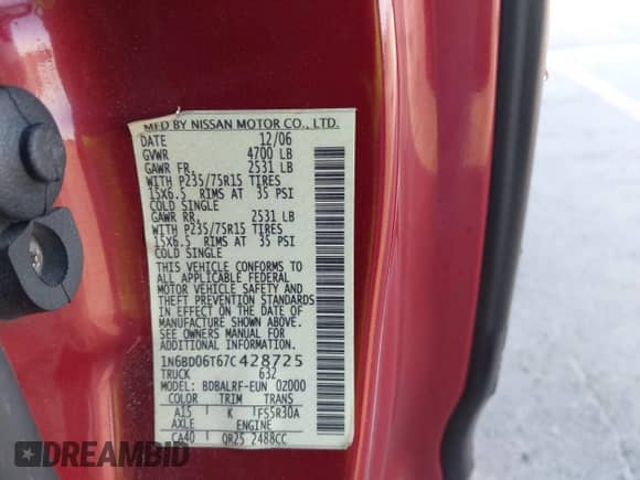 2007 Nissan Frontier XE with VIN 1N6BD06T67C428725, listed as a IAAI auction lot 43552893 with 253,069 mi miles and . Bid and sale history available at DreamBid. Image 9.