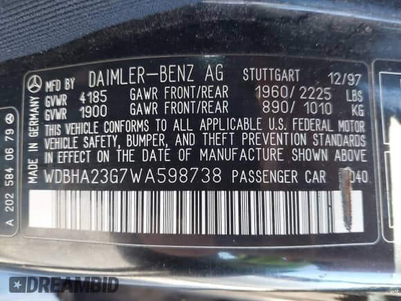 1998 Mercedes-Benz C 230/260/280/320 z VIN WDBHA23G7WA598738, wystawiony jako IAAI lot #43466820 z przebiegiem 224 731 mil mil oraz . Historia ofert i sprzedaży dostępna na DreamBid. Obrazek 9.