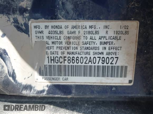 2002 Honda Accord VP with VIN 1HGCF86602A079027, listed as a IAAI auction lot 43427054 with Not provided miles and . Bid and sale history available at DreamBid. Image 9.