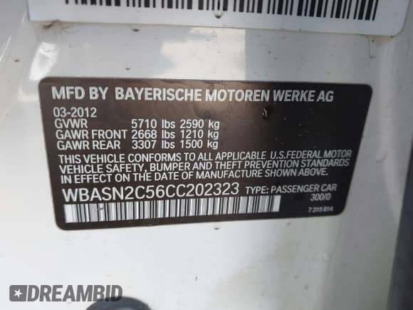 2012 BMW 5 Series 535i Gran Turismo with VIN WBASN2C56CC202323, listed as a IAAI auction lot 42603910 with 113,323 mi miles and . Bid and sale history available at DreamBid. Image 9.