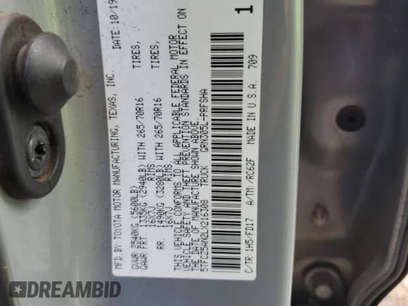 2020 Toyota Tacoma SR5 with VIN 5TFCZ5AN2LX216308, listed as a Copart auction lot 69860245 with 58,698 mi miles and Salvage title. Bid and sale history available at DreamBid. Image 13.