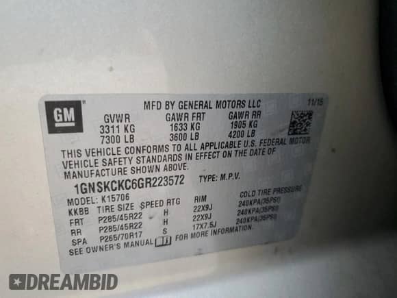 2016 Chevrolet Tahoe LTZ with VIN 1GNSKCKC6GR223572, listed as a Copart auction lot 81676835 with 167,338 mi miles and Clean title. Bid and sale history available at DreamBid. Image 12.