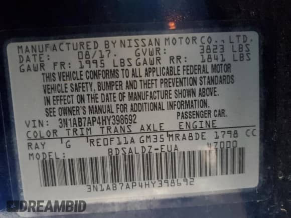 2017 Nissan Sentra S с VIN 3N1AB7AP4HY398692, выставлен на аукционе Copart как лот 81259095 с пробегом Не указан миль и Списание • Salvage title. История ставок и продаж доступна на DreamBid. Изображение 12.