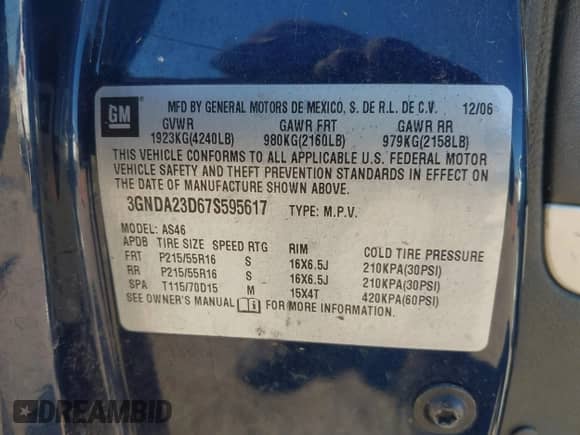 2007 Chevrolet HHR LT с VIN 3GNDA23D67S595617, выставлен на аукционе IAAI как лот 43396001 с пробегом Не указан миль и . История ставок и продаж доступна на DreamBid. Изображение 9.