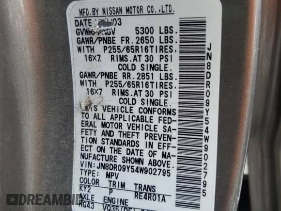 2004 Nissan Pathfinder SE z VIN JN8DR09Y54W902795, wystawiony jako Copart lot #63010235 z przebiegiem 162 641 mil mil oraz Szkoda całkowita • Salvage title. Historia ofert i sprzedaży dostępna na DreamBid. Obrazek 13.