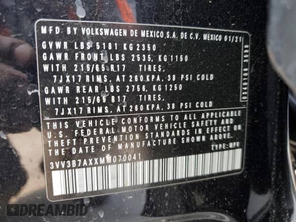2021 Volkswagen Tiguan SE с VIN 3VV3B7AXXMM070041, выставлен на аукционе Copart как лот 59256655 с пробегом 57 474 миль миль и Списание • Salvage title. История ставок и продаж доступна на DreamBid. Изображение 13.