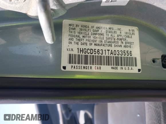 1996 Honda Accord LX z VIN 1HGCD5631TA033556, wystawiony jako IAAI lot #43053893 z przebiegiem 21 874 mil mil oraz . Historia ofert i sprzedaży dostępna na DreamBid. Obrazek 9.