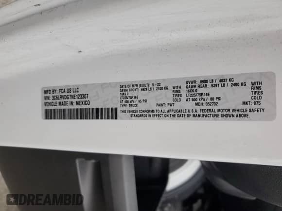 2022 Ram ProMaster Cargo z VIN 3C6LRVDG7NE123307, wystawiony jako Copart lot #44583055 z przebiegiem 131 886 mil mil oraz Szkoda całkowita • Salvage title. Historia ofert i sprzedaży dostępna na DreamBid. Obrazek 12.