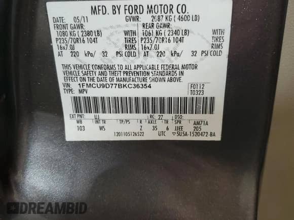 2011 Ford Escape XLT с VIN 1FMCU9D77BKC36354, выставлен на аукционе Copart как лот 81712605 с пробегом 251 168 миль миль и Списание • Salvage title. История ставок и продаж доступна на DreamBid. Изображение 13.