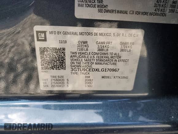 2020 GMC Sierra 1500 Elevation with VIN 3GTU9CEDXLG170967, listed as a Copart auction lot 72219824 with 141,141 mi miles and Salvage title. Bid and sale history available at DreamBid. Image 14.
