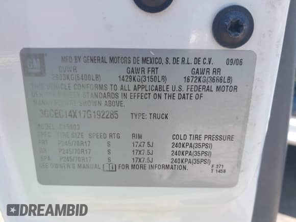 2007 Chevrolet Silverado 1500 Work Truck with VIN 3GCEC14X17G192285, listed as a IAAI auction lot 43128728 with 136,862 mi miles and . Bid and sale history available at DreamBid. Image 9.