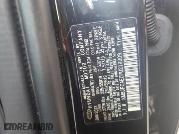 2023 Hyundai Tucson XRT with VIN KM8JFCAE0PU219909, listed as a Copart auction lot 62232115 with 50,187 mi miles and Salvage title. Bid and sale history available at DreamBid. Image 13.