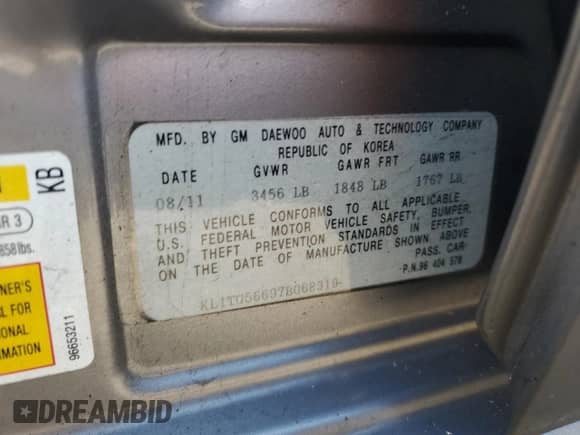 2007 Chevrolet Aveo LT z VIN KL1TG56697B068319, wystawiony jako Copart lot #75832024 z przebiegiem Nie podano mil oraz Szkoda całkowita • Salvage title. Historia ofert i sprzedaży dostępna na DreamBid. Obrazek 12.