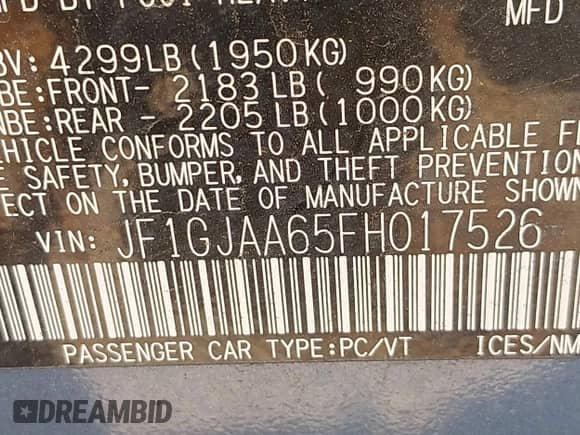 2015 Subaru Impreza z VIN JF1GJAA65FH017526, wystawiony jako IAAI lot #42774722 z przebiegiem 124 943 mil mil oraz . Historia ofert i sprzedaży dostępna na DreamBid. Obrazek 9.