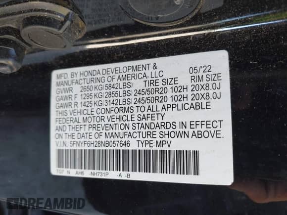 2022 Honda Pilot Special Edition with VIN 5FNYF6H28NB057646, listed as a IAAI auction lot 43356301 with 46,911 mi miles and . Bid and sale history available at DreamBid. Image 9.
