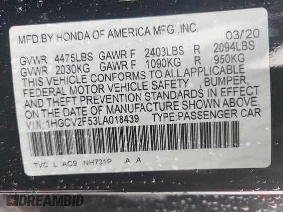 2020 Honda Accord EX-L с VIN 1HGCV2F53LA018439, выставлен на аукционе Copart как лот 84250395 с пробегом 59 664 миль миль и Списание • Salvage title. История ставок и продаж доступна на DreamBid. Изображение 13.