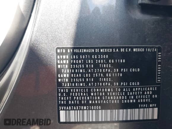 2024 Volkswagen Tiguan Wolfsburg Edition с VIN 3VVAB7AX7RM216006, выставлен на аукционе IAAI как лот 43137852 с пробегом Не указан миль и . История ставок и продаж доступна на DreamBid. Изображение 9.