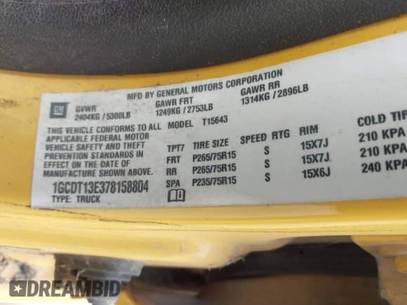 2007 Chevrolet Colorado 1LT z VIN 1GCDT13E378158804, wystawiony jako IAAI lot #42269247 z przebiegiem 225 666 mil mil oraz . Historia ofert i sprzedaży dostępna na DreamBid. Obrazek 9.