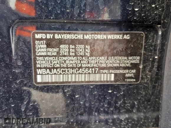 2017 BMW 5 Series 530i with VIN WBAJA5C33HG456417, listed as a Copart auction lot 68673915 with 141,058 mi miles and Clean title. Bid and sale history available at DreamBid. Image 12.