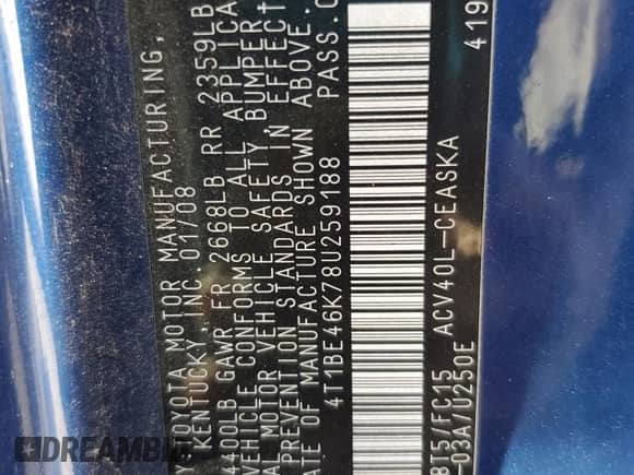 2008 Toyota Camry SE with VIN 4T1BE46K78U259188, listed as a Copart auction lot 82685895 with 173,186 mi miles and Clean title. Bid and sale history available at DreamBid. Image 12.