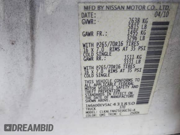 2010 Nissan Frontier LE z VIN 1N6AD0EV5AC431850, wystawiony jako IAAI lot #41766865 z przebiegiem 163 890 mil mil oraz . Historia ofert i sprzedaży dostępna na DreamBid. Obrazek 9.