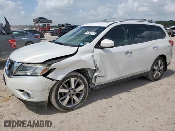 2014 Nissan Pathfinder Platinum Hybrid with VIN 5N1CR2MNXEC660701, listed as a Copart auction lot 61634125 with 136,378 mi miles and Salvage title. Bid and sale history available at DreamBid. Image 1.