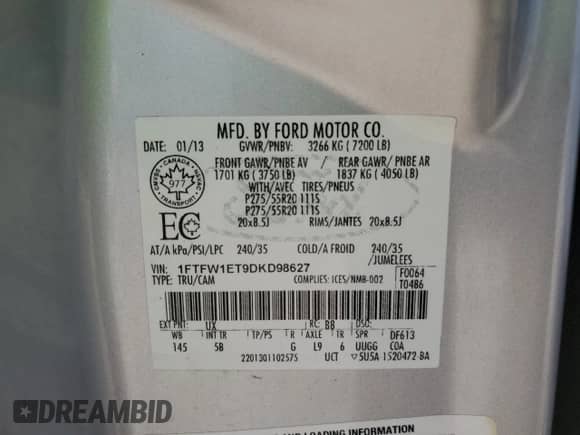 2013 Ford F-150 Lariat z VIN 1FTFW1ET9DKD98627, wystawiony jako Copart lot #70766665 z przebiegiem 171 612 mil mil oraz Szkoda całkowita • Salvage title. Historia ofert i sprzedaży dostępna na DreamBid. Obrazek 13.