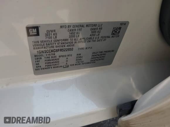 2015 Chevrolet Tahoe LTZ with VIN 1GNSCCKC8FR522850, listed as a IAAI auction lot 42292906 with 225,673 mi miles and . Bid and sale history available at DreamBid. Image 9.