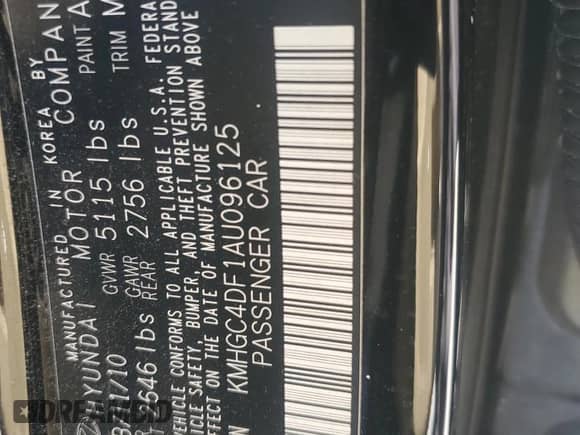 2010 Hyundai Genesis with VIN KMHGC4DF1AU096125, listed as a Copart auction lot 71152955 with 98,951 mi miles and Salvage title. Bid and sale history available at DreamBid. Image 12.