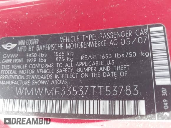 2007 MINI Hardtop with VIN WMWMF33537TT53783, listed as a IAAI auction lot 42536048 with 173,466 mi miles and . Bid and sale history available at DreamBid. Image 9.