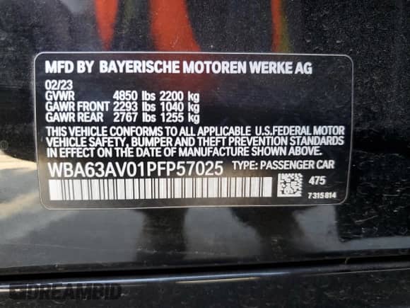 2023 BMW 4 Series 430i с VIN WBA63AV01PFP57025, выставлен на аукционе Copart как лот 60687025 с пробегом 28 514 миль миль и Списание • Salvage title. История ставок и продаж доступна на DreamBid. Изображение 12.