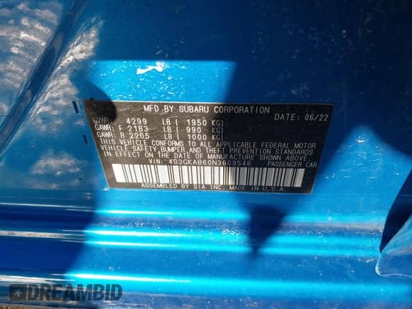 2022 Subaru Impreza with VIN 4S3GKAB60N3609546, listed as a IAAI auction lot 41568318 with 11,208 mi miles and . Bid and sale history available at DreamBid. Image 9.