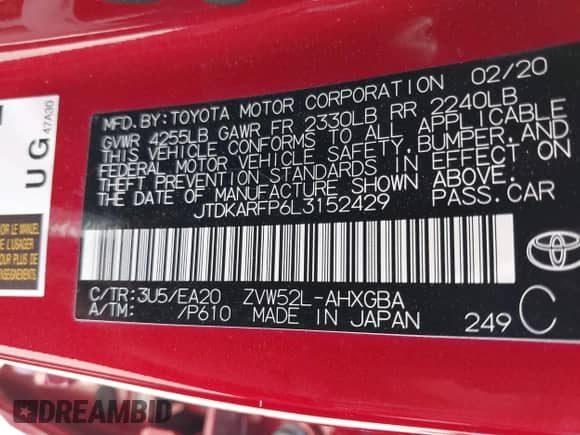 2020 Toyota Prius XLE with VIN JTDKARFP6L3152429, listed as a IAAI auction lot 42548015 with 49,984 mi miles and . Bid and sale history available at DreamBid. Image 9.