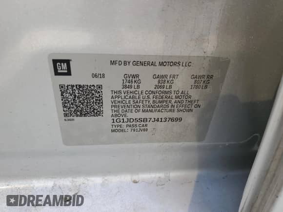 2018 Chevrolet Sonic LT z VIN 1G1JD5SB7J4137699, wystawiony jako Copart lot #53034945 z przebiegiem 162 302 mil mil oraz Szkoda całkowita • Salvage title. Historia ofert i sprzedaży dostępna na DreamBid. Obrazek 12.