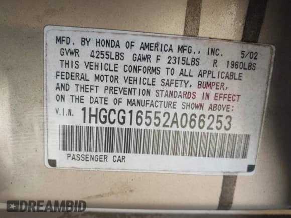 2002 Honda Accord EX с VIN 1HGCG16552A066253, выставлен на аукционе IAAI как лот 43423211 с пробегом 244 709 миль миль и . История ставок и продаж доступна на DreamBid. Изображение 9.