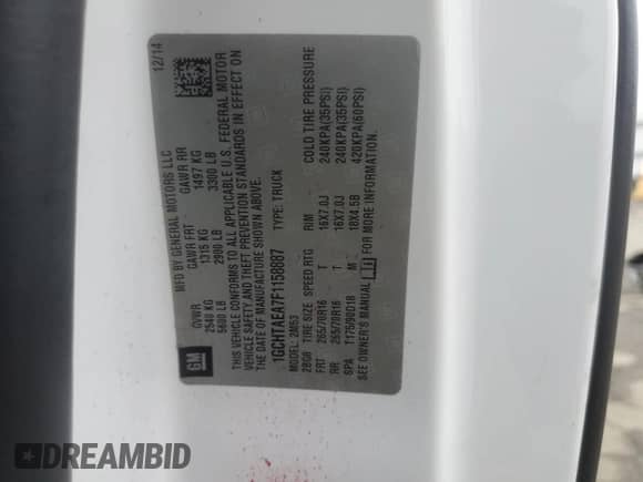 2015 Chevrolet Colorado 4WD WT with VIN 1GCHTAEA7F1158887, listed as a Copart auction lot 85815324 with 123,161 mi miles and Salvage title. Bid and sale history available at DreamBid. Image 14.