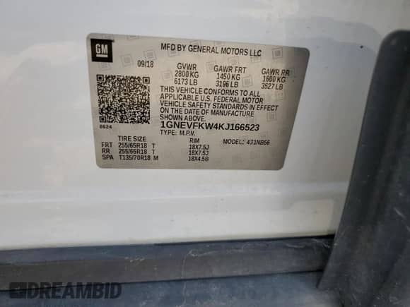 2019 Chevrolet Traverse LS with VIN 1GNEVFKW4KJ166523, listed as a Copart auction lot 70336415 with 129,875 mi miles and Salvage title. Bid and sale history available at DreamBid. Image 12.