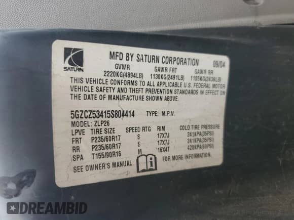 2005 Saturn VUE with VIN 5GZCZ53415S804414, listed as a Copart auction lot 57113525 with 140,605 mi miles and Salvage title. Bid and sale history available at DreamBid. Image 13.