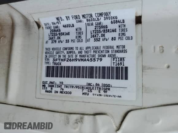 1997 Ford F-250 with VIN 3FTHF26H9VMA45579, listed as a Copart auction lot 81226225 with 147,076 mi miles and Salvage title. Bid and sale history available at DreamBid. Image 12.