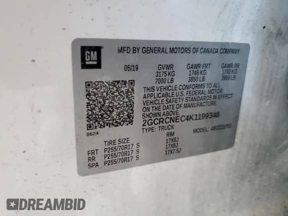 2019 Chevrolet Silverado 1500 Work Truck with VIN 2GCRCNEC4K1199348, listed as a Copart auction lot 86097445 with Not provided miles and Salvage title. Bid and sale history available at DreamBid. Image 12.