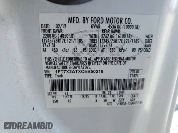 2012 Ford F-250 XL с VIN 1FT7X2ATXCEB50218, выставлен на аукционе Copart как лот 69293385 с пробегом 315 813 миль миль и Списание • Salvage title. История ставок и продаж доступна на DreamBid. Изображение 12.