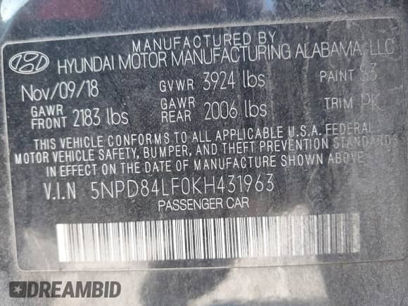 2019 Hyundai Elantra SEL z VIN 5NPD84LF0KH431963, wystawiony jako IAAI lot #43481773 z przebiegiem 196 463 mil mil oraz . Historia ofert i sprzedaży dostępna na DreamBid. Obrazek 9.