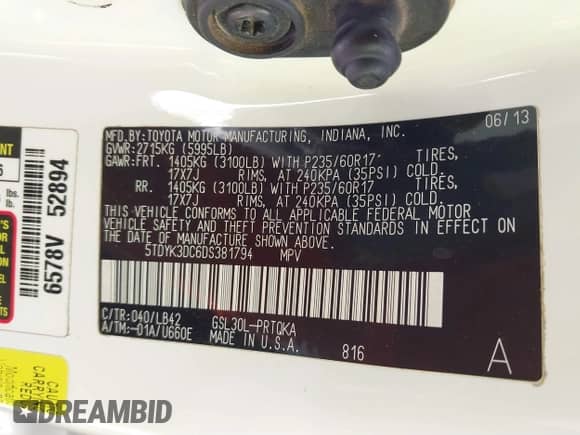 2013 Toyota Sienna XLE AAS with VIN 5TDYK3DC6DS381794, listed as a IAAI auction lot 41845507 with 160,290 mi miles and . Bid and sale history available at DreamBid. Image 9.