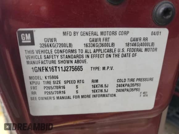 2001 Chevrolet Suburban LT with VIN 1GNFK16T11J275665, listed as a Copart auction lot 80835715 with Not provided miles and Non repairable. Bid and sale history available at DreamBid. Image 13.