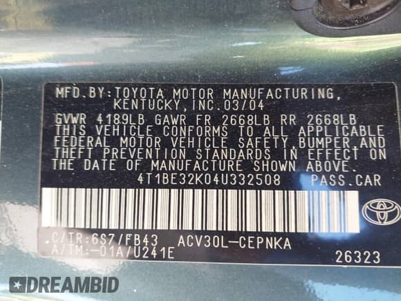 2004 Toyota Camry LE z VIN 4T1BE32K04U332508, wystawiony jako IAAI lot #43380370 z przebiegiem 227 936 mil mil oraz . Historia ofert i sprzedaży dostępna na DreamBid. Obrazek 9.