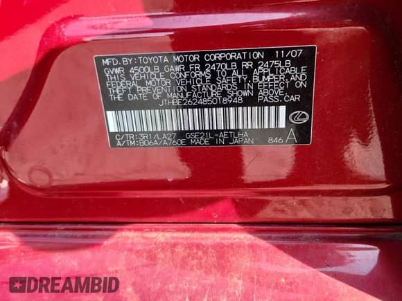 2008 Lexus IS 350 с VIN JTHBE262485018948, выставлен на аукционе Copart как лот 71010935 с пробегом 128 090 миль миль и Списание • Salvage title. История ставок и продаж доступна на DreamBid. Изображение 12.