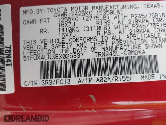 2014 Toyota Tacoma с VIN 5TFUX4EN3EX025837, выставлен на аукционе IAAI как лот 42430882 с пробегом 234 809 миль миль и . История ставок и продаж доступна на DreamBid. Изображение 9.